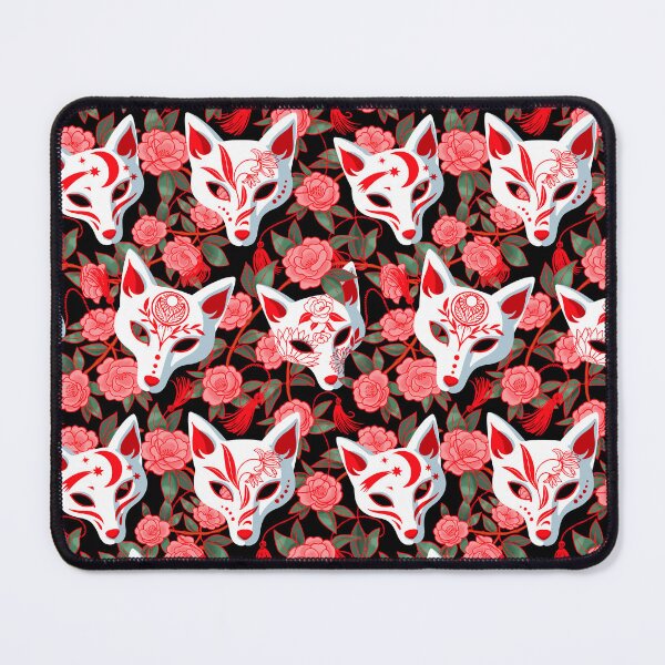 Item preview, Kitsune masks and blooming Japanese Camellia on black designed and sold by Irina Ivanova.