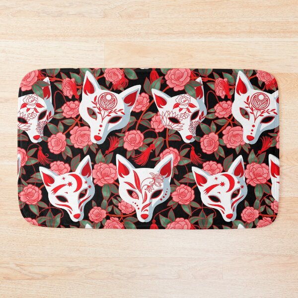 Item preview, Kitsune masks and blooming Japanese Camellia on black designed and sold by Irina Ivanova.