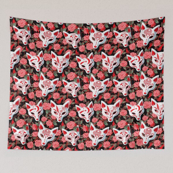 Item preview, Kitsune masks and blooming Japanese Camellia on black designed and sold by Irina Ivanova.