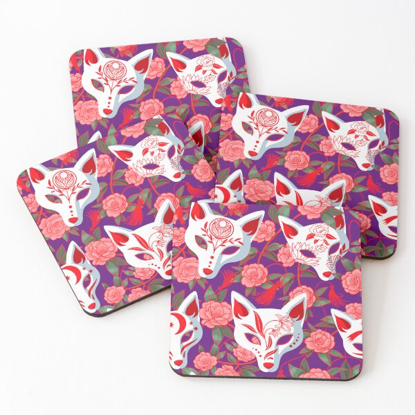 Item preview, Kitsune masks and blooming Japanese Camellia on violet designed and sold by Irina Ivanova.