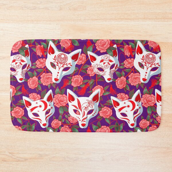 Item preview, Kitsune masks and blooming Japanese Camellia on violet designed and sold by Irina Ivanova.