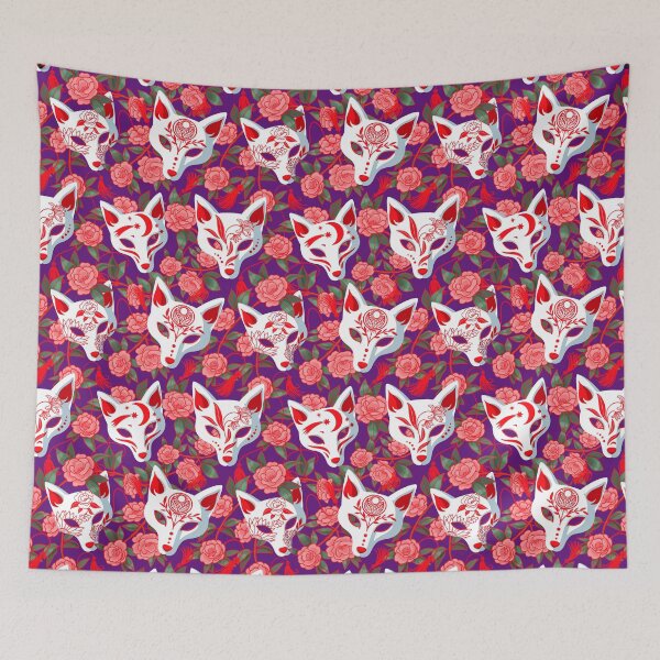 Item preview, Kitsune masks and blooming Japanese Camellia on violet designed and sold by Irina Ivanova.