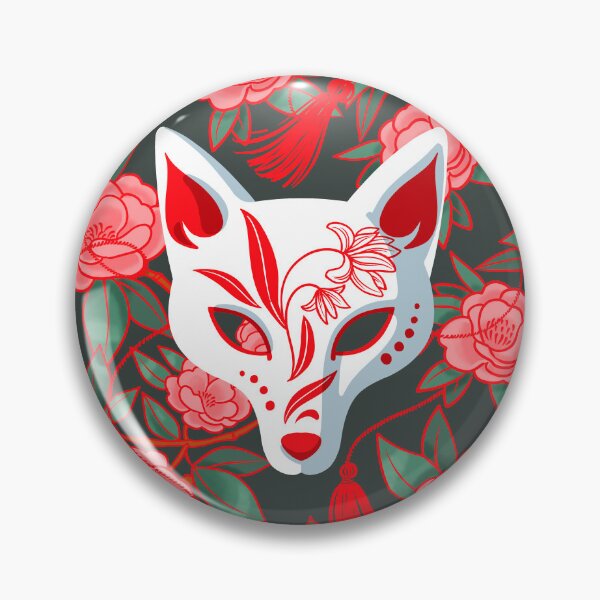 Item preview, Kitsune masks and blooming Japanese Camellia on green designed and sold by Irina Ivanova.