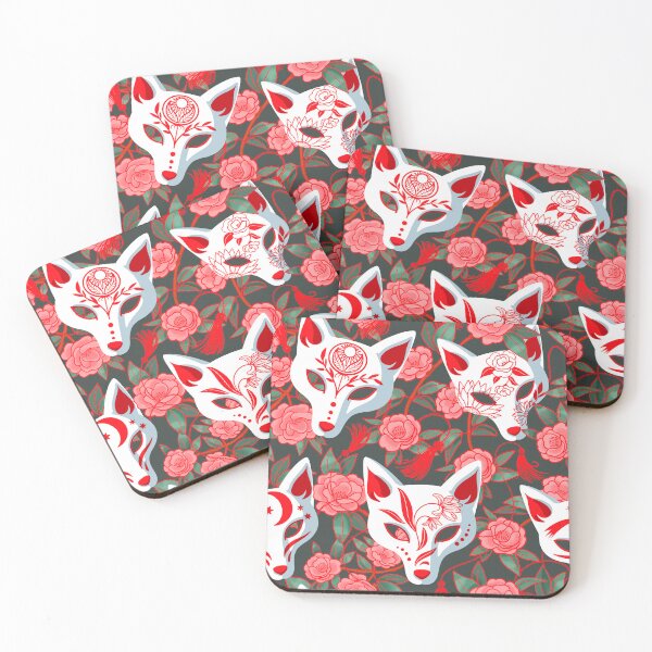 Item preview, Kitsune masks and blooming Japanese Camellia on green designed and sold by Irina Ivanova.