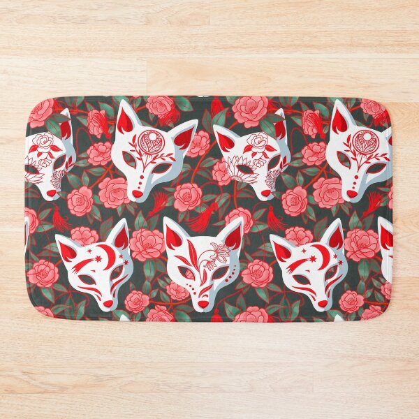 Item preview, Kitsune masks and blooming Japanese Camellia on green designed and sold by Irina Ivanova.