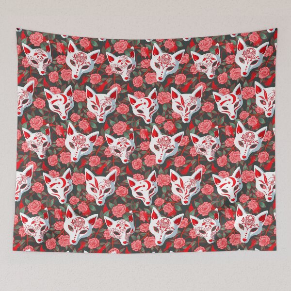 Item preview, Kitsune masks and blooming Japanese Camellia on green designed and sold by Irina Ivanova.