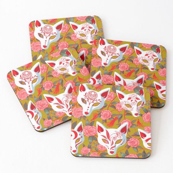 Item preview, Kitsune masks and blooming Japanese Camellia on mustard designed and sold by Irina Ivanova.