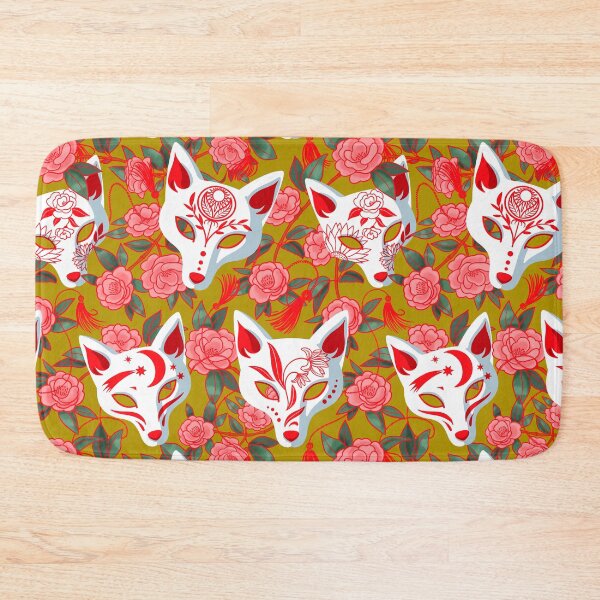 Item preview, Kitsune masks and blooming Japanese Camellia on mustard designed and sold by Irina Ivanova.