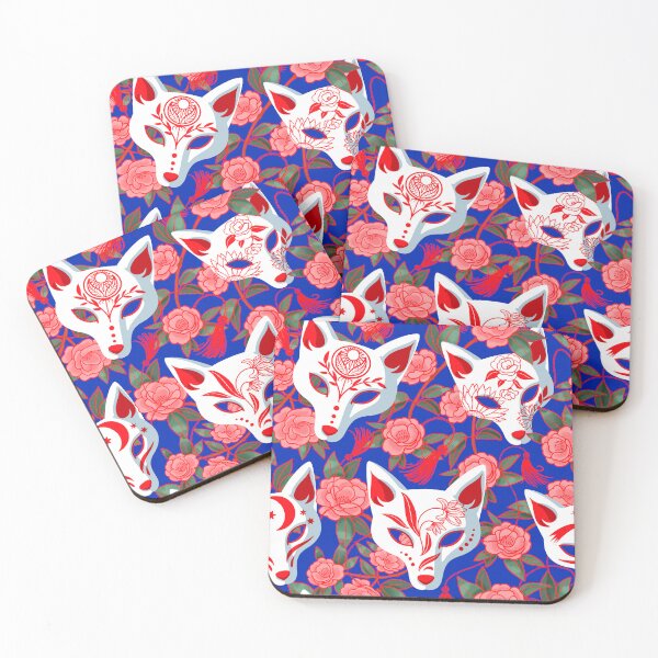 Item preview, Kitsune masks and blooming Japanese Camellia on blue designed and sold by Irina Ivanova.