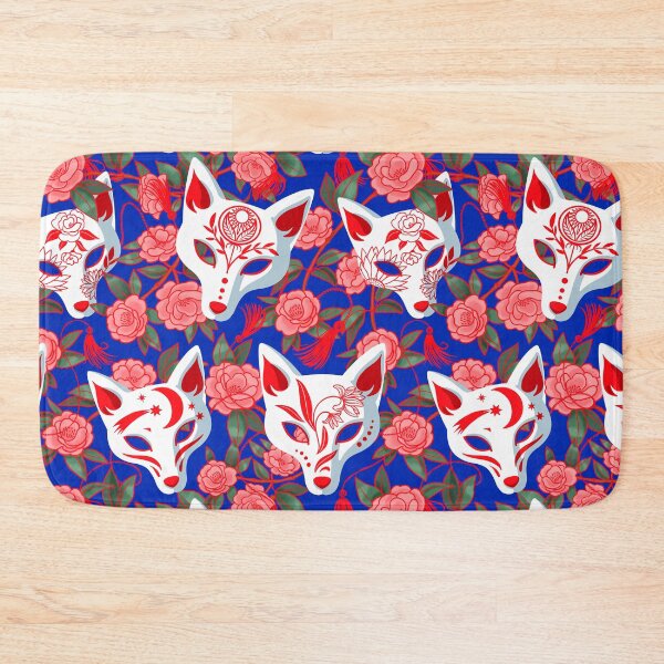 Item preview, Kitsune masks and blooming Japanese Camellia on blue designed and sold by Irina Ivanova.