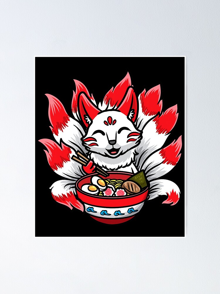 "Cute Kitsune Ramen Bowl Japanese Noodle Kawaii Anime Fox" Poster for