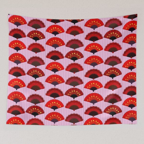 Item preview, Japanese fan, fan, red, traditional fan, pink background, cute pattern designed and sold by Ellecher23.