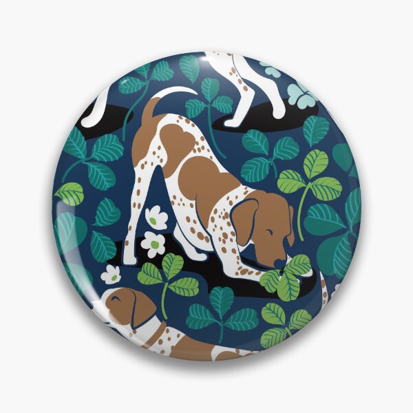 Item preview, Looking for the four leaf clover // midnight navy blue background bronze English Pointer dog breed green leaves white clover flowers designed and sold by SelmaCardoso.
