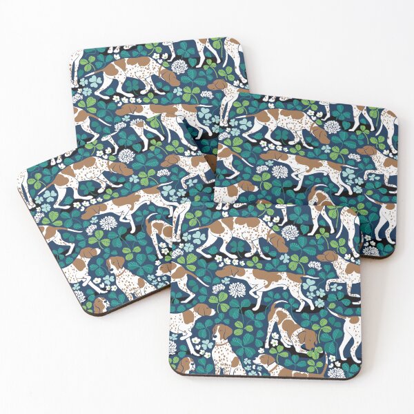 Item preview, Looking for the four leaf clover // midnight navy blue background bronze English Pointer dog breed green leaves white clover flowers designed and sold by SelmaCardoso.