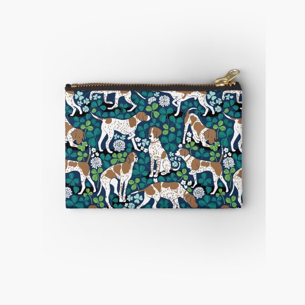 Item preview, Looking for the four leaf clover // midnight navy blue background bronze English Pointer dog breed green leaves white clover flowers designed and sold by SelmaCardoso.