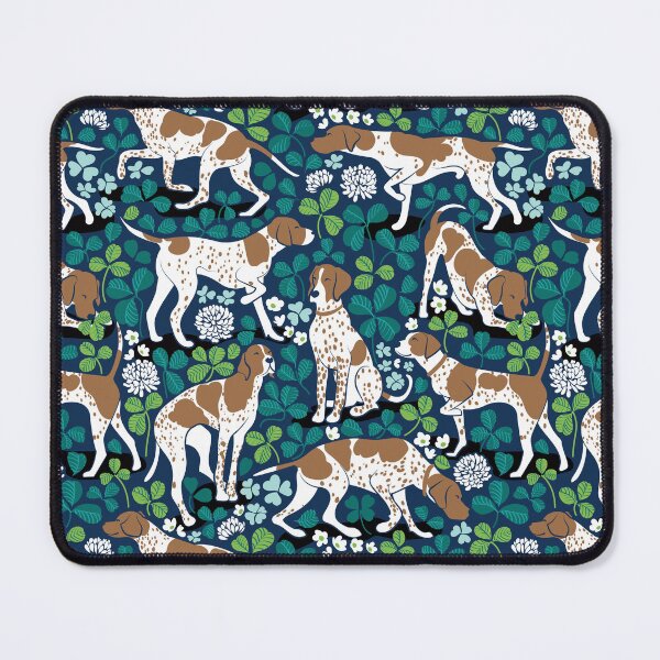 Item preview, Looking for the four leaf clover // midnight navy blue background bronze English Pointer dog breed green leaves white clover flowers designed and sold by SelmaCardoso.