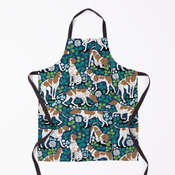 Item preview, Looking for the four leaf clover // midnight navy blue background bronze English Pointer dog breed green leaves white clover flowers designed and sold by SelmaCardoso.