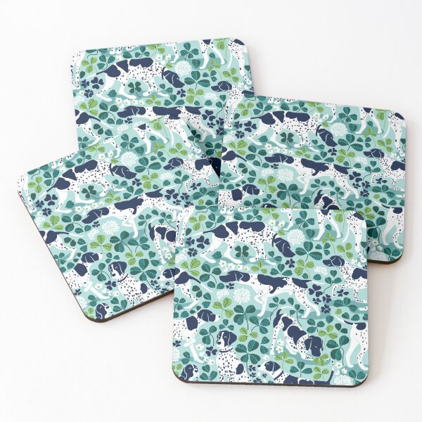 Item preview, Looking for the four leaf clover // aqua background oxford navy blue English Pointer dog breed green leaves pink clover flowers designed and sold by SelmaCardoso.
