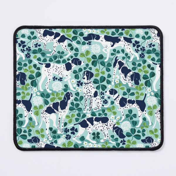 Item preview, Looking for the four leaf clover // aqua background oxford navy blue English Pointer dog breed green leaves pink clover flowers designed and sold by SelmaCardoso.