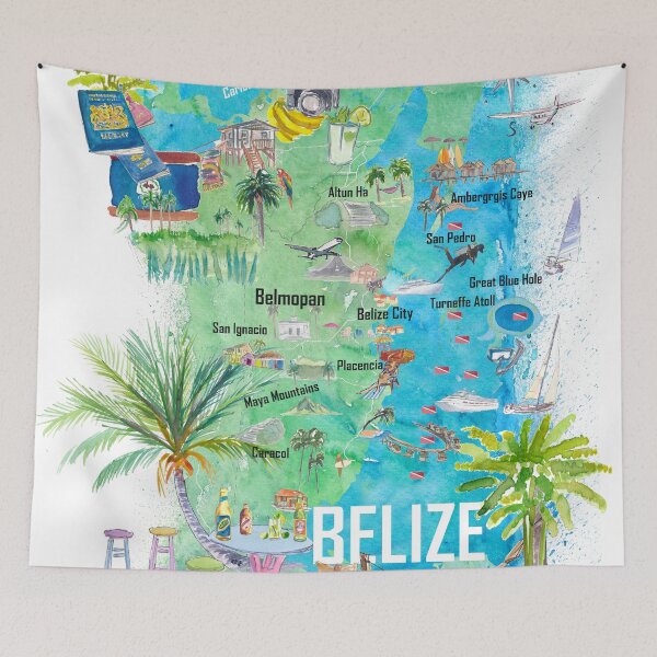 Item preview, Belize Caribbean Illustrated Travel Map with Roads and Tourist Highlights designed and sold by artshop77.