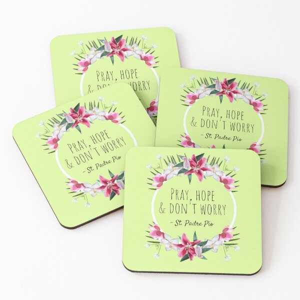 Item preview, Pray Hope and Don't Worry, Comforting St. Padre Pio Quote With Flowers designed and sold by IceCreamMuseum.