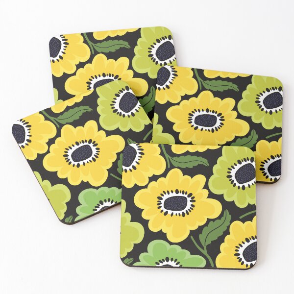 Item preview, The fresh Sunny flowerpower pattern in 1970-style, green, black, yellow on dark background designed and sold by marina63.