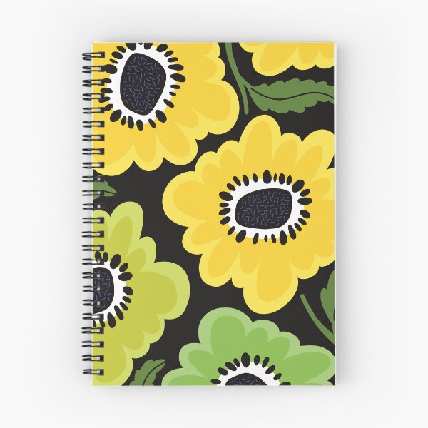 Item preview, The fresh Sunny flowerpower pattern in 1970-style, green, black, yellow on dark background designed and sold by marina63.