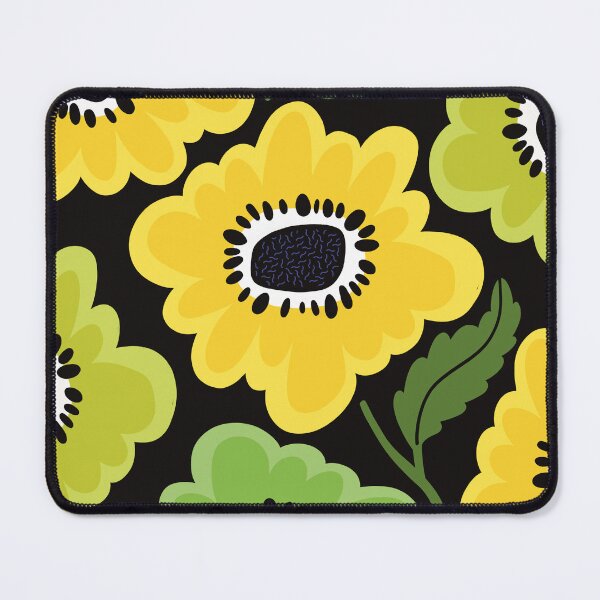 Item preview, The fresh Sunny flowerpower pattern in 1970-style, green, black, yellow on dark background designed and sold by marina63.