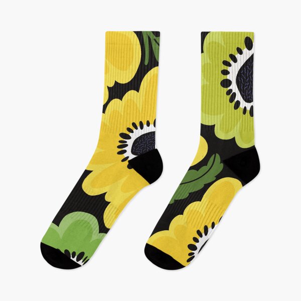 Item preview, The fresh Sunny flowerpower pattern in 1970-style, green, black, yellow on dark background designed and sold by marina63.