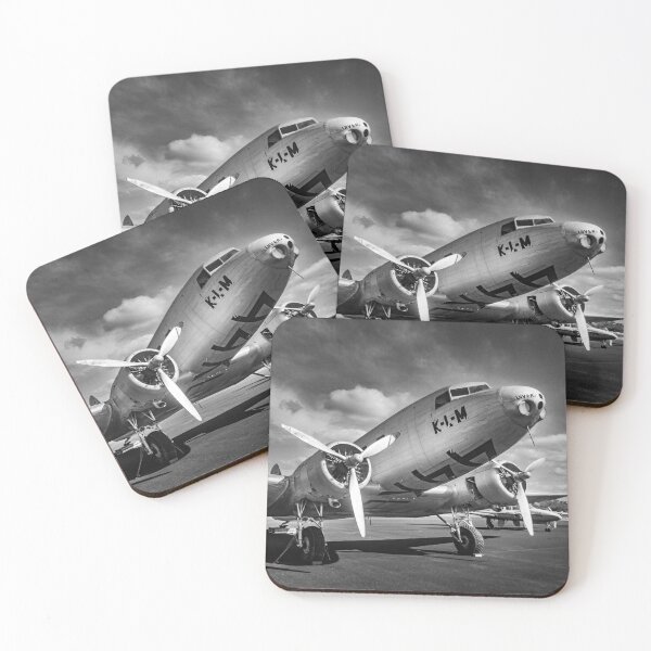 Item preview, Vintage Douglas DC-2 twin propeller aeroplane parked on runway in black and white designed and sold by James-Cole.
