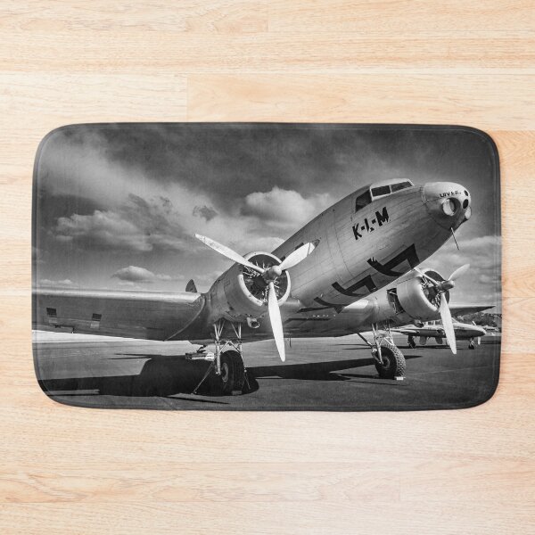 Item preview, Vintage Douglas DC-2 twin propeller aeroplane parked on runway in black and white designed and sold by James-Cole.