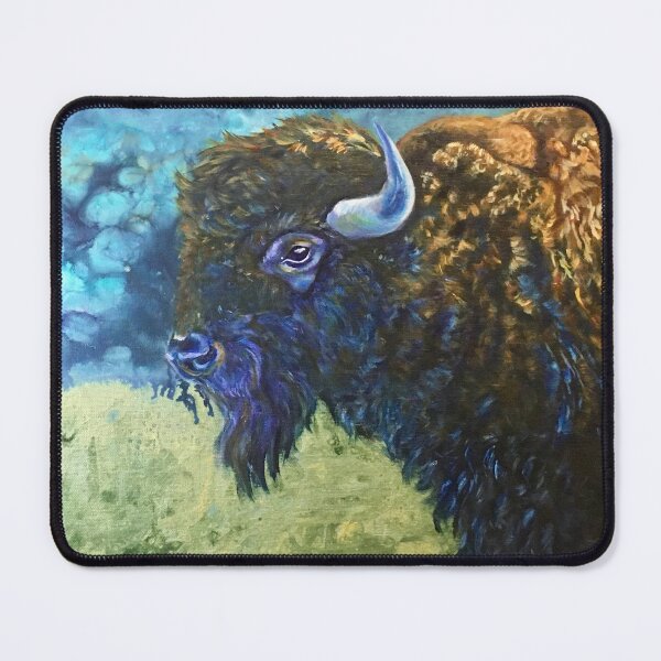 Artikelvorschau, Bison mit blauer und grüner Hintergrundmalerei von Jolene Edwards entworfen und verkauft von CurlyClaraBelle.