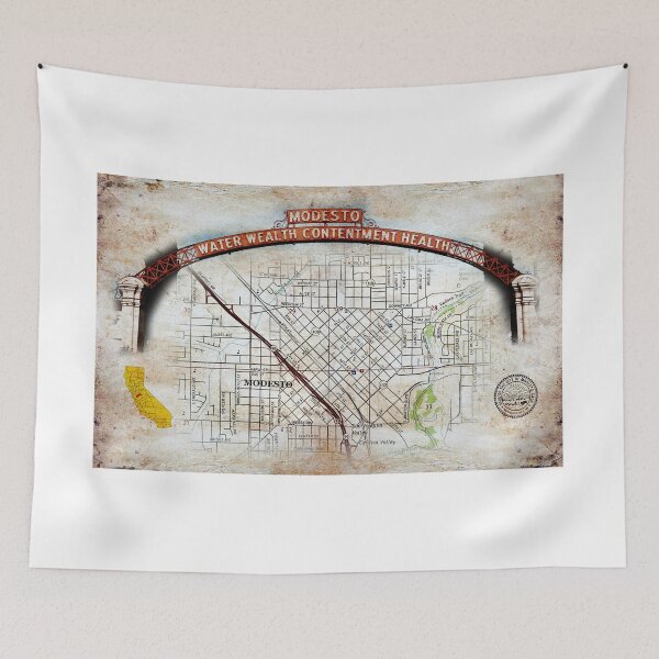 Item preview, Map of downtown Modesto, California, and the Modesto Arch, on old paper designed and sold by NickoPrints.