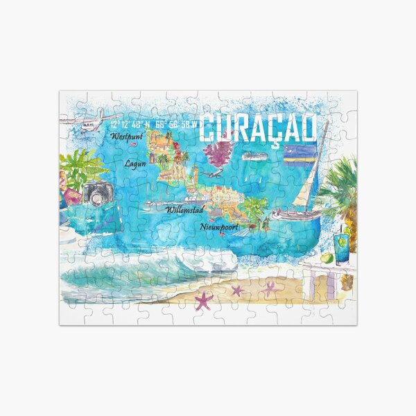 Curacao Dutch Antilles Caribbean Island Illustrated Travel Map