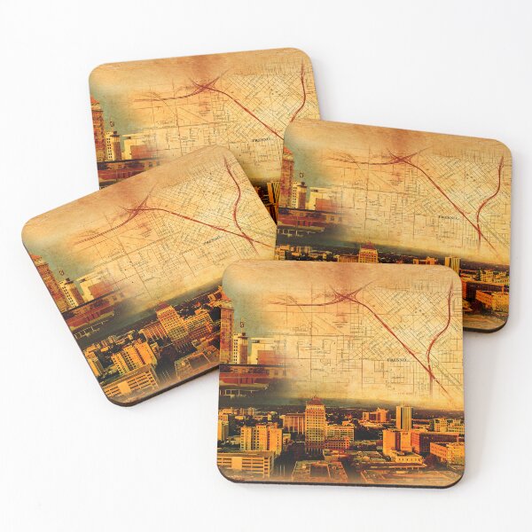 Item preview, Map of Downtown Fresno on old paper, and panorama of central part designed and sold by NickoPrints.