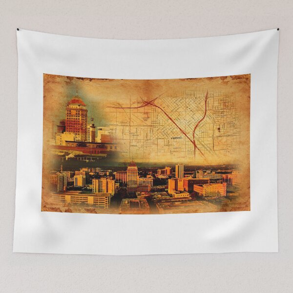 Item preview, Map of Downtown Fresno on old paper, and panorama of central part designed and sold by NickoPrints.