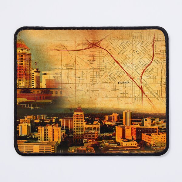 Item preview, Map of Downtown Fresno on old paper, and panorama of central part designed and sold by NickoPrints.