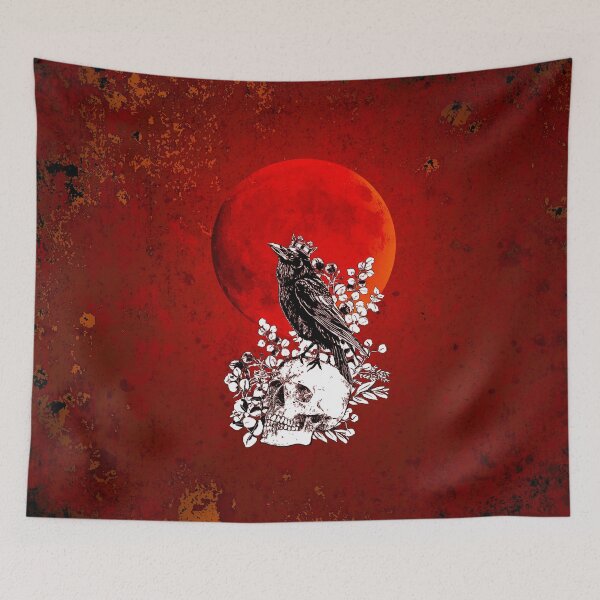 Item preview, Blood moon and black raven with skull and crow, skeleton eucaliptus leaves designed and sold by Collagedream.
