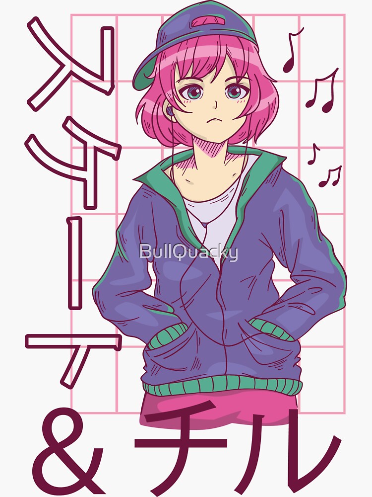 "Cute Anime Kawaii Girl with Pink Hair Listening to Music - Vaporwave