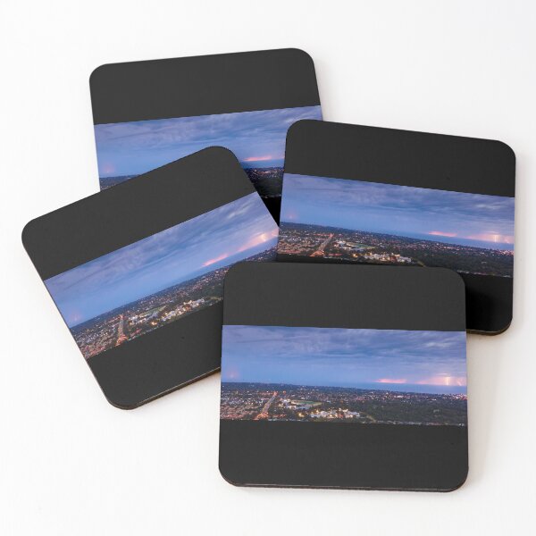 Item preview, Distant lightning strikes across Port Philip Bay seascape filled with stormy clouds and street lights aerial panoramic designed and sold by James-Cole.