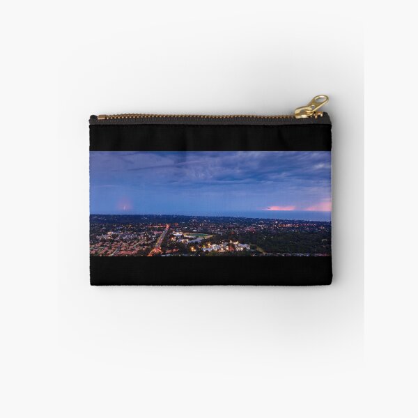 Item preview, Distant lightning strikes across Port Philip Bay seascape filled with stormy clouds and street lights aerial panoramic designed and sold by James-Cole.