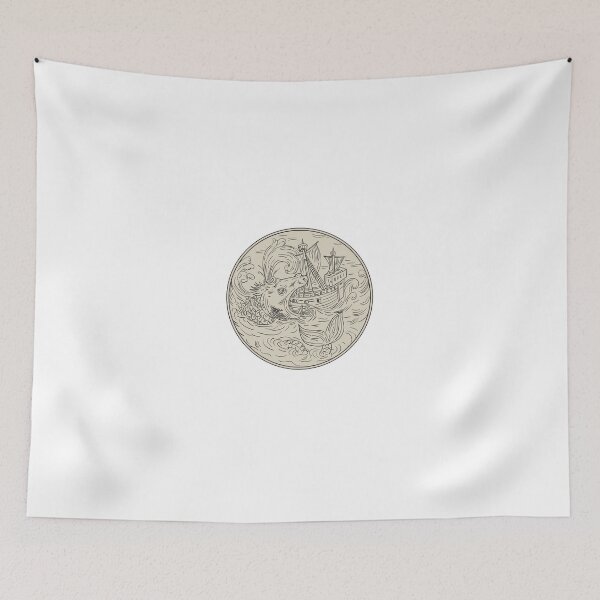 Item preview, Ancient Sea Monster Attacking Sailing Ship Circle Drawing designed and sold by patrimonio.