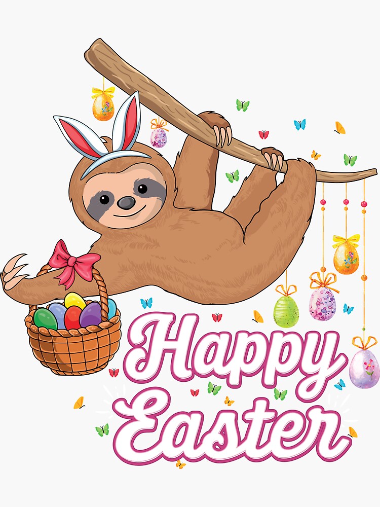 "Happy cute sloth with Bunny ears & Egg Hunting Easter sloth" Sticker