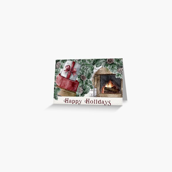 Happy Holidays - Watercolour Gifts And Fireplace Greeting Card