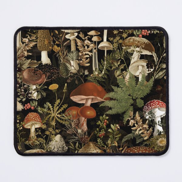 Vintage Mushrooms Forest Botanical Pattern - Black Mouse Pad