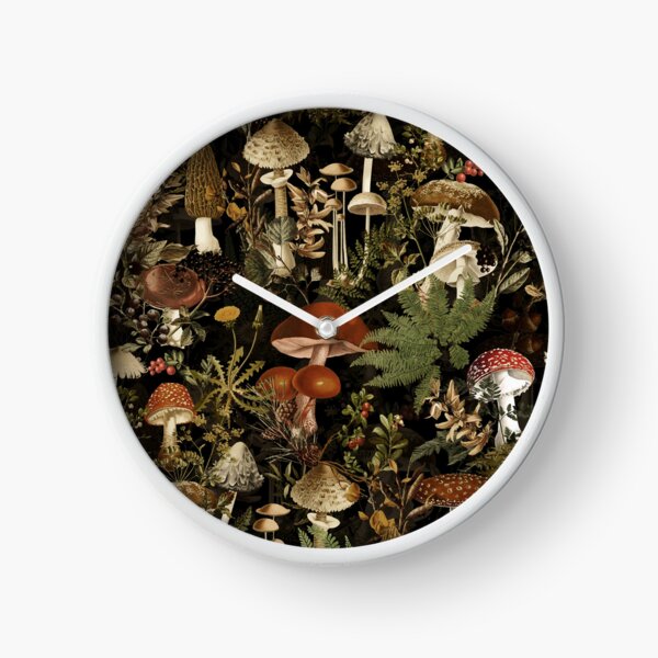Vintage Mushrooms Forest Botanical Pattern - Black Clock