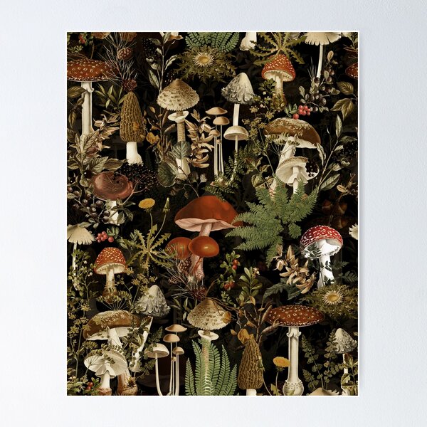 Item preview, Vintage Midnight Mushrooms Forest Botanical Night Garden Pattern - Black Nightgarden designed and sold by UtArt.