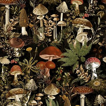 Aperçu de l'œuvre Motif de jardin botanique de nuit de forêt de champignons de minuit vintage - Jardin de nuit noir de UtArt