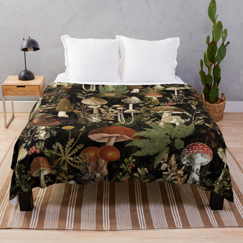 Vintage Mushrooms Forest Botanical Pattern - Black Throw Blanket
