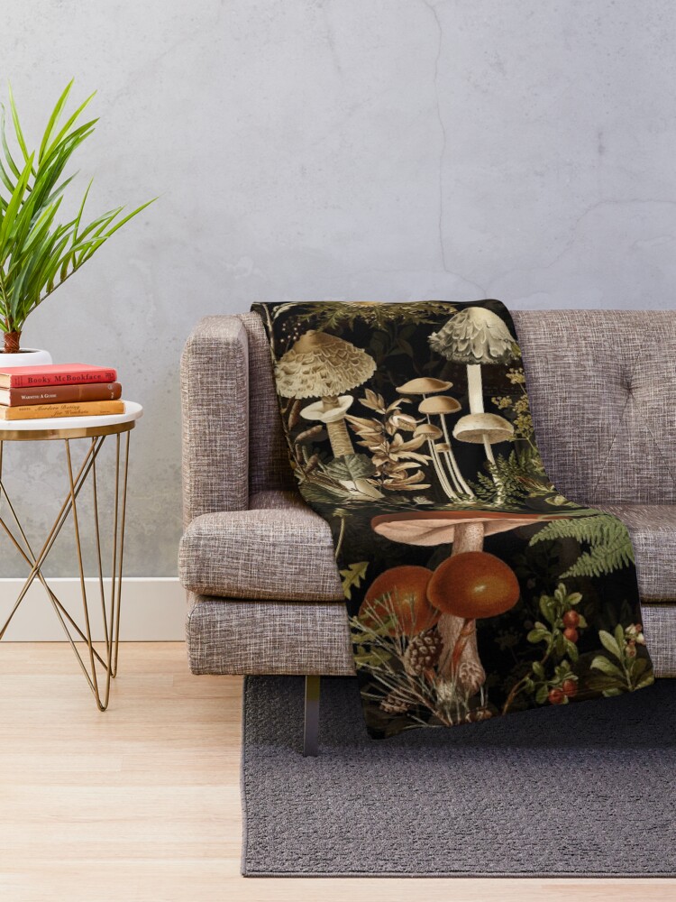 Alternate view of Vintage Mushrooms Forest Botanical Pattern - Black Throw Blanket
